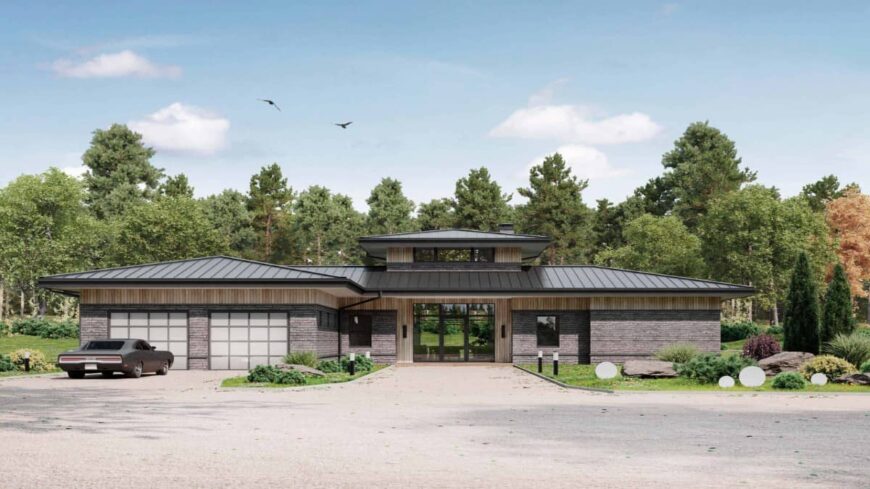 单层三卧室中世纪现代家居带带顶盖门廊和开放式概念生活(平面图)